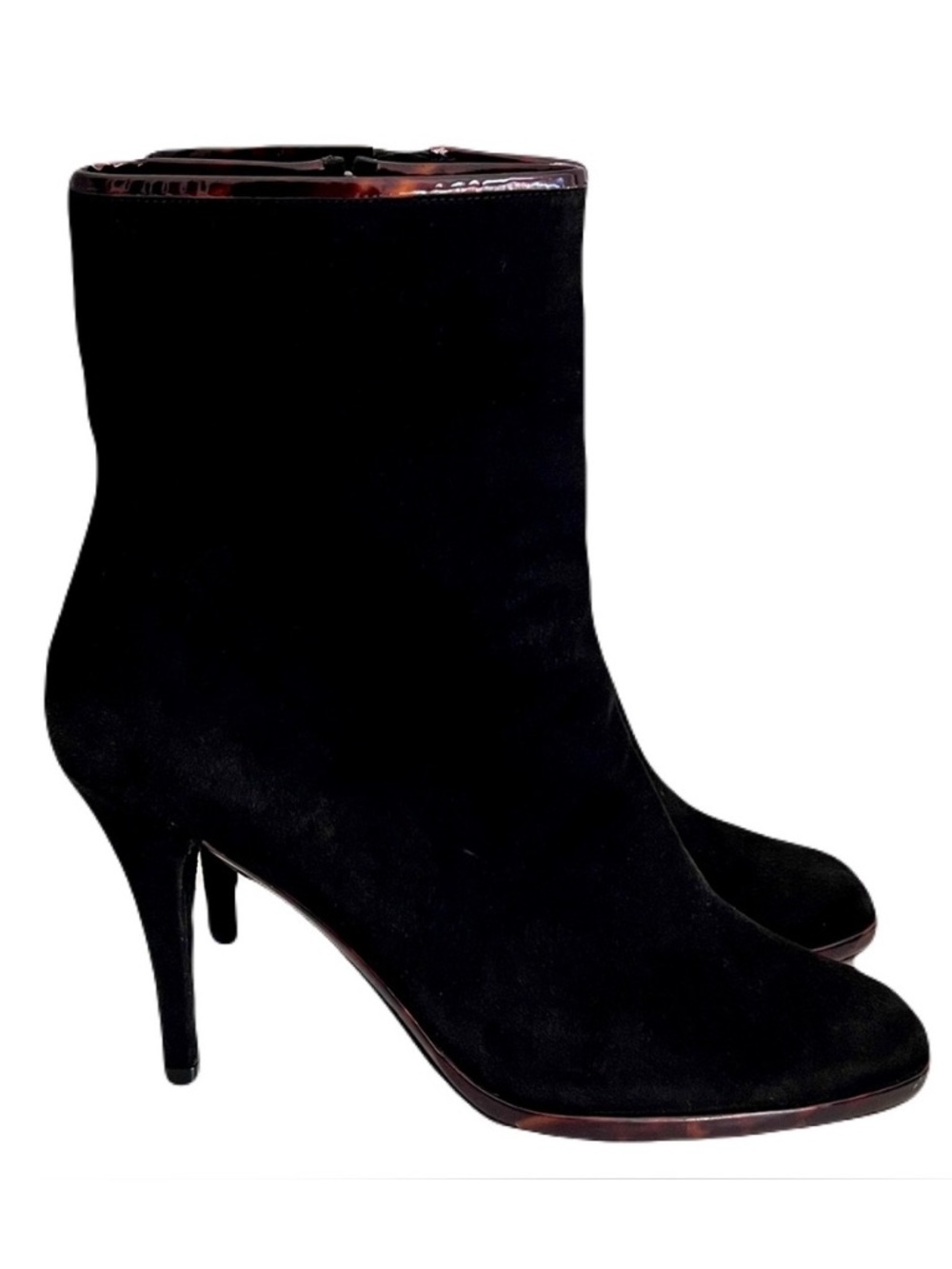 Stuart Weitzman ‘Lithe’ Black Suede Patent Tortoise Trim Heeled Boots, Size 8.5